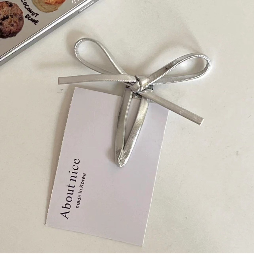 Leather Hair Clip Decorated with Bow Silver Color Korean Style Fashion for Women