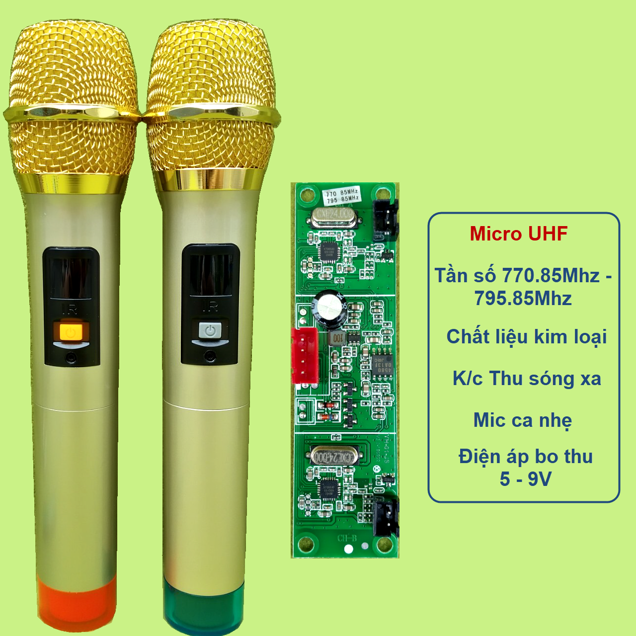 Micro không dây đôi UHF 770.85Mhz - 795.85Mhz cho loa kéo dạng phím bấm - thân nhôm, micro cho loa kéo - ampli