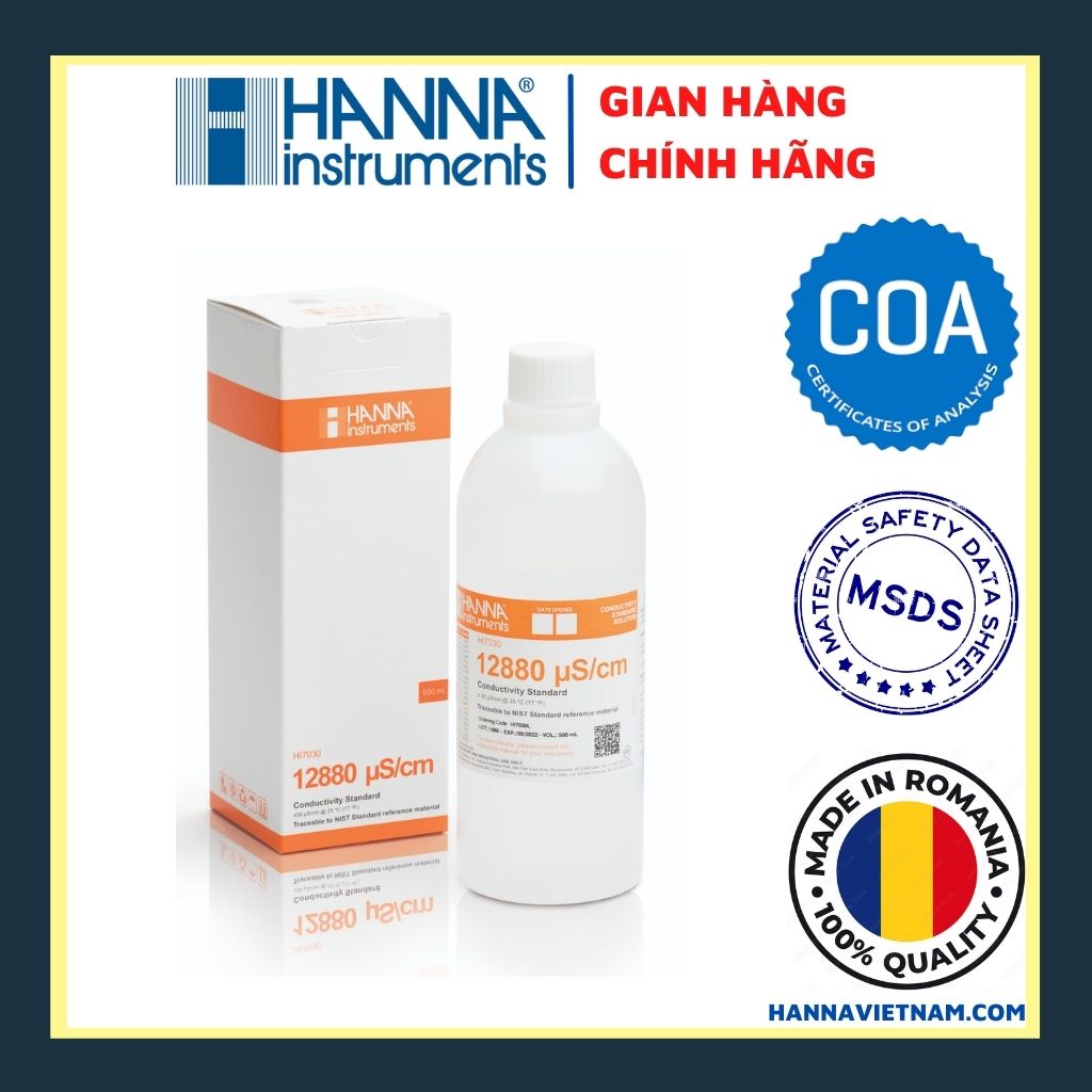 Dung dịch chuẩn độ dẫn 12880 µs/cm dùng để hiệu chuẩn hoặc kiểm tra độ chính xác của bất kỳ máy đo độ dẫn nào, chai 500ml hanna hi7030l - hàng chính hãng
