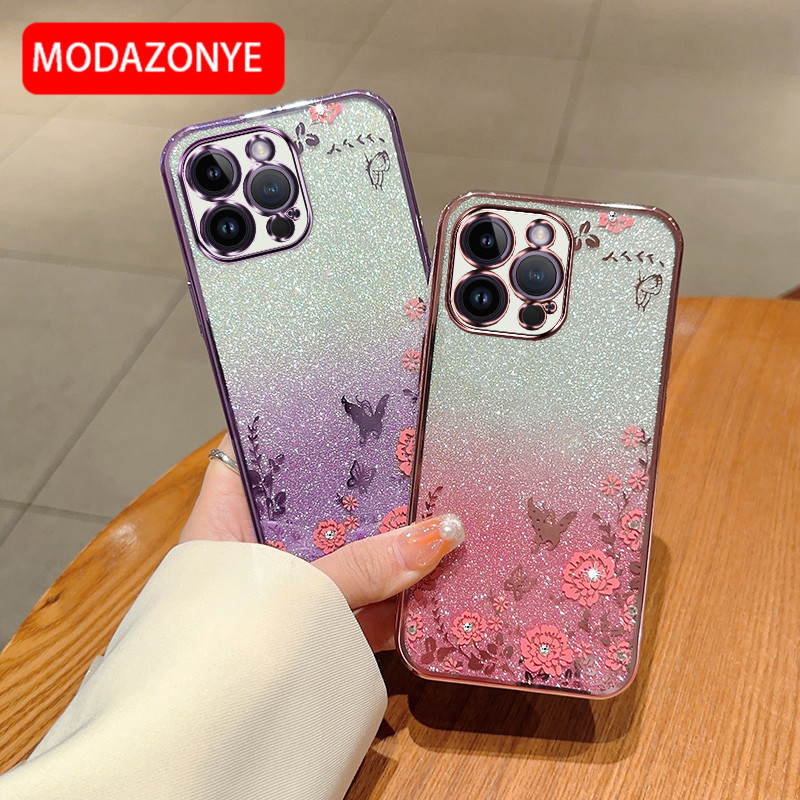 For iPhone 14 Pro Max Phone Case Glitter Bling Flower butterfly Soft Protective Back Cover For iPhone 14 Pro Max Case Girls