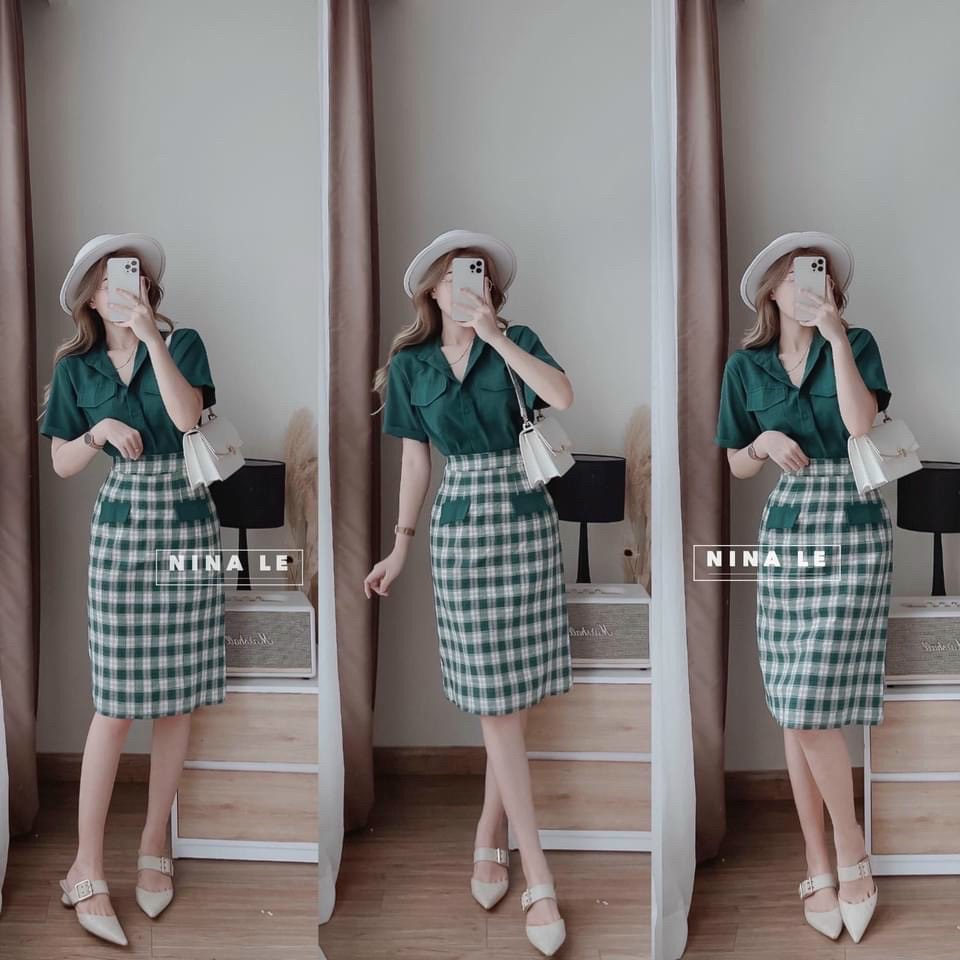 Sét áo sơ đũi mi tay ngắn phối túi 2 bên + chân váy kate bố siêu hót siêu xinh ssxmfsdx0050