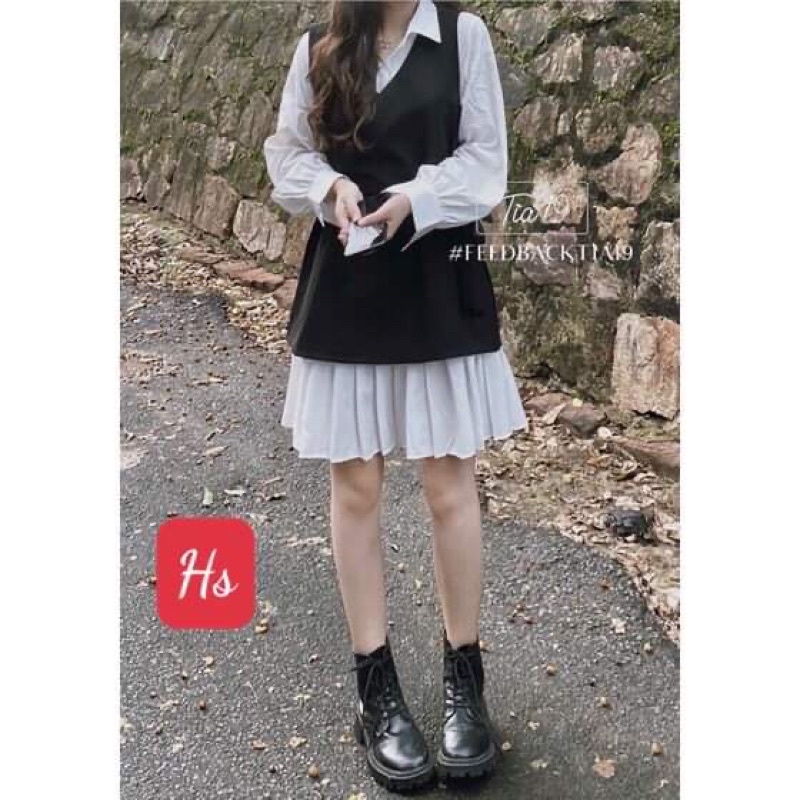 Sét váy 2 món, áo gile đen mix váy trắng style Hàn