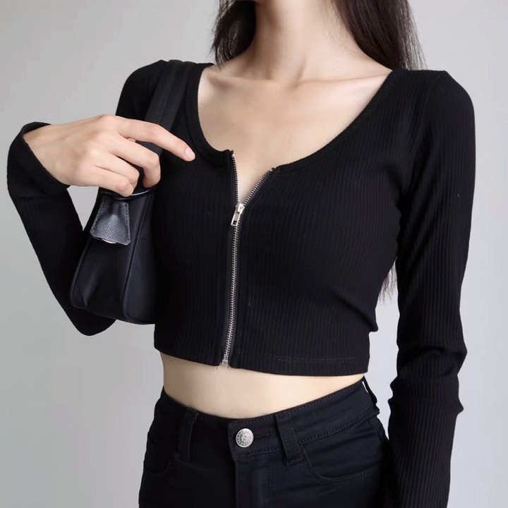 Áo Croptop Tay Dài Dây Kéo Ngực Ulzzang ORM04