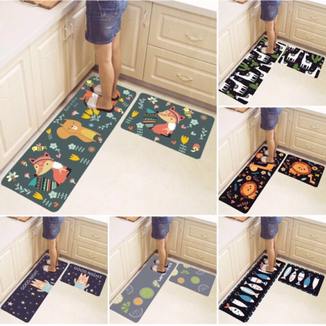 Combo 2 thảm lau chân nhà bếp hoạt tiết 3d thấm hút tốt