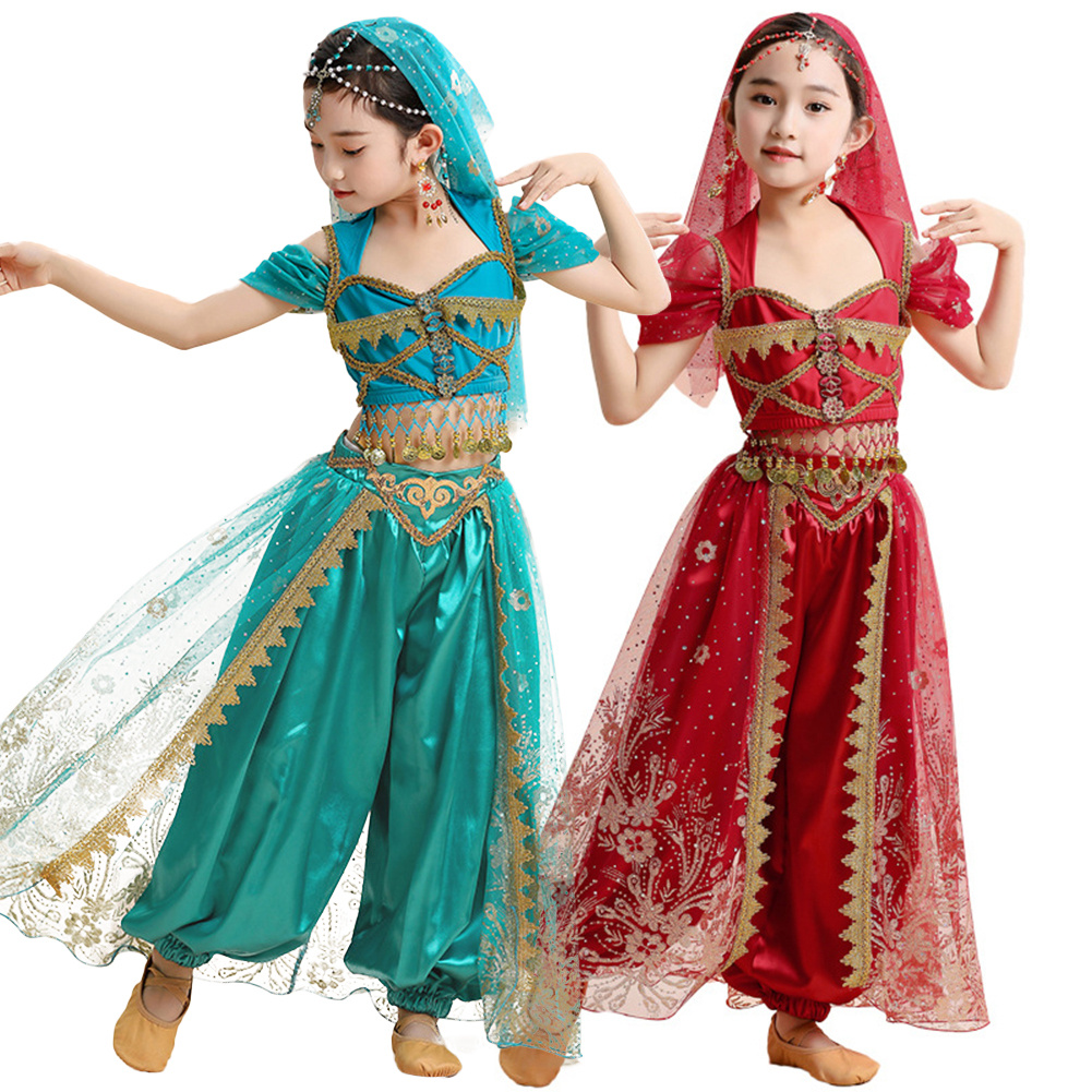 Kids Girls India Belly Dance Top Pants Costume Set Arabian Princess  Halloween Costume Children Stage Performance Clothes