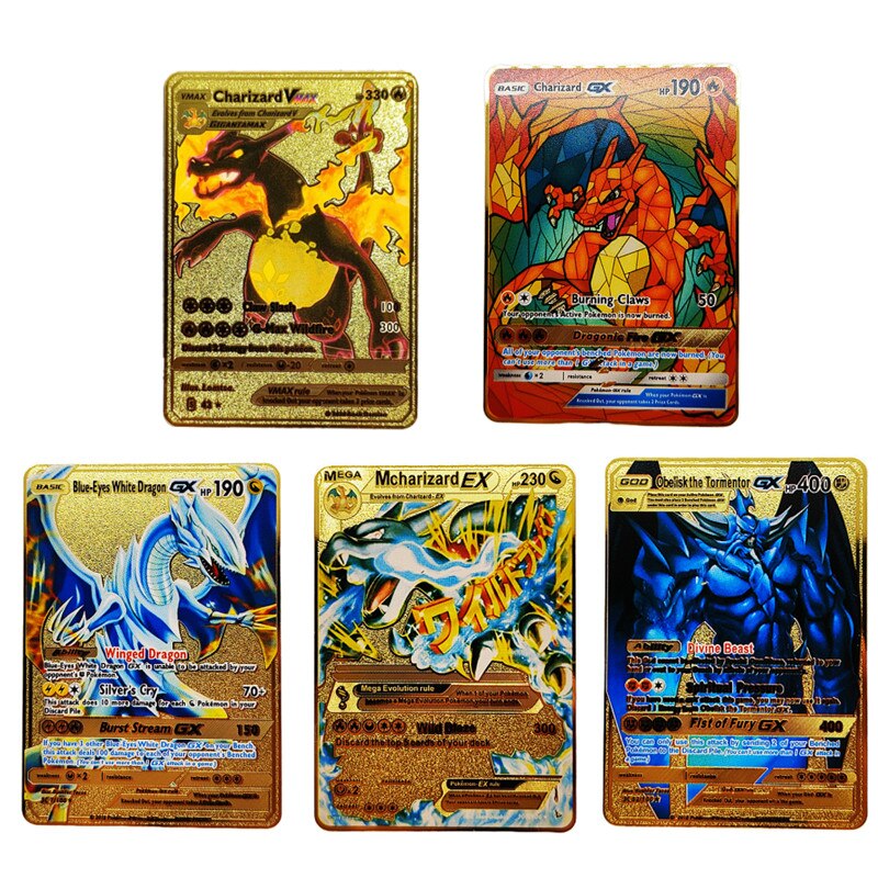 5PCS Pokemon Iron Cards Golden Metal Pokemon Shiny Letters Pikachu Mewtwo  Charizard Vmax Game Collection Card Anime Metal Gifts