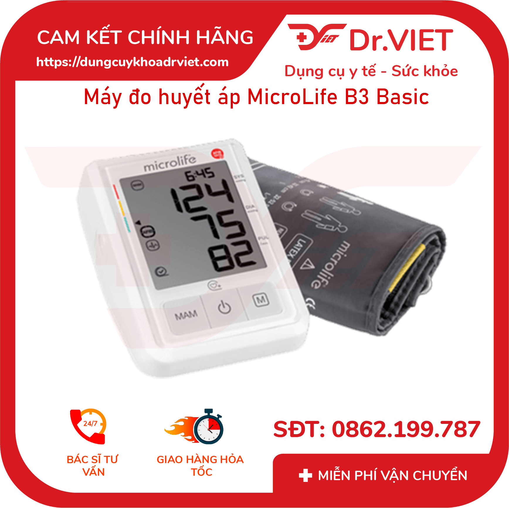 Máy đo huyết áp và nhịp tim Microlife B3 Basic chính hãng - (Đo huyết áp và nhịp tim tại nhà, phòng ngừa rối loạn nhịp tim) - DrViet