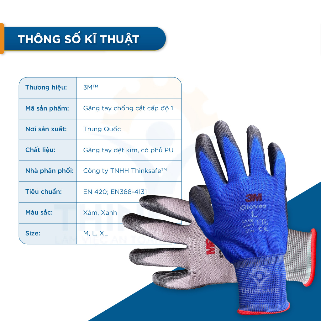 Găng tay chống cắt 3M cấp độ 1, chống trơn trượt, bảo vệ tay dùng cho cơ khí, kỹ thuật Găng tay lao động chính hãng - Thinksafe