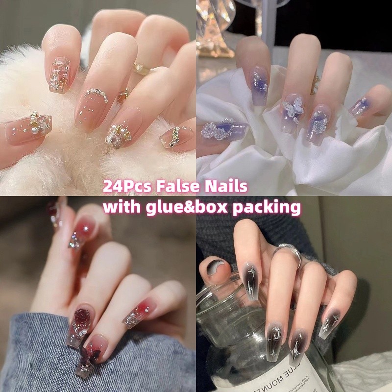 BTS%20%E3%80%90WITH%20GLUE%E3%80%9124Pcs%20Fake%20Nails%20with%20Design%20False%20Nails%20Wearable%20Press%20on%20Nails%20Stylish%20Pattern%20Red%20Artificial%20Nails%20Full%20Cover%20Nail%20Art%20-%20Image%202