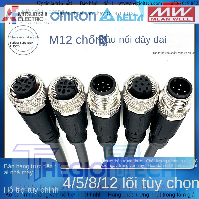 Dây Cảm Biến Jack connector cắm M12, Cáp 4 5 8 12 Lõi, Đầu chân đực, đầu cái, chống thấm nước, kiểu đầu nối thẳng