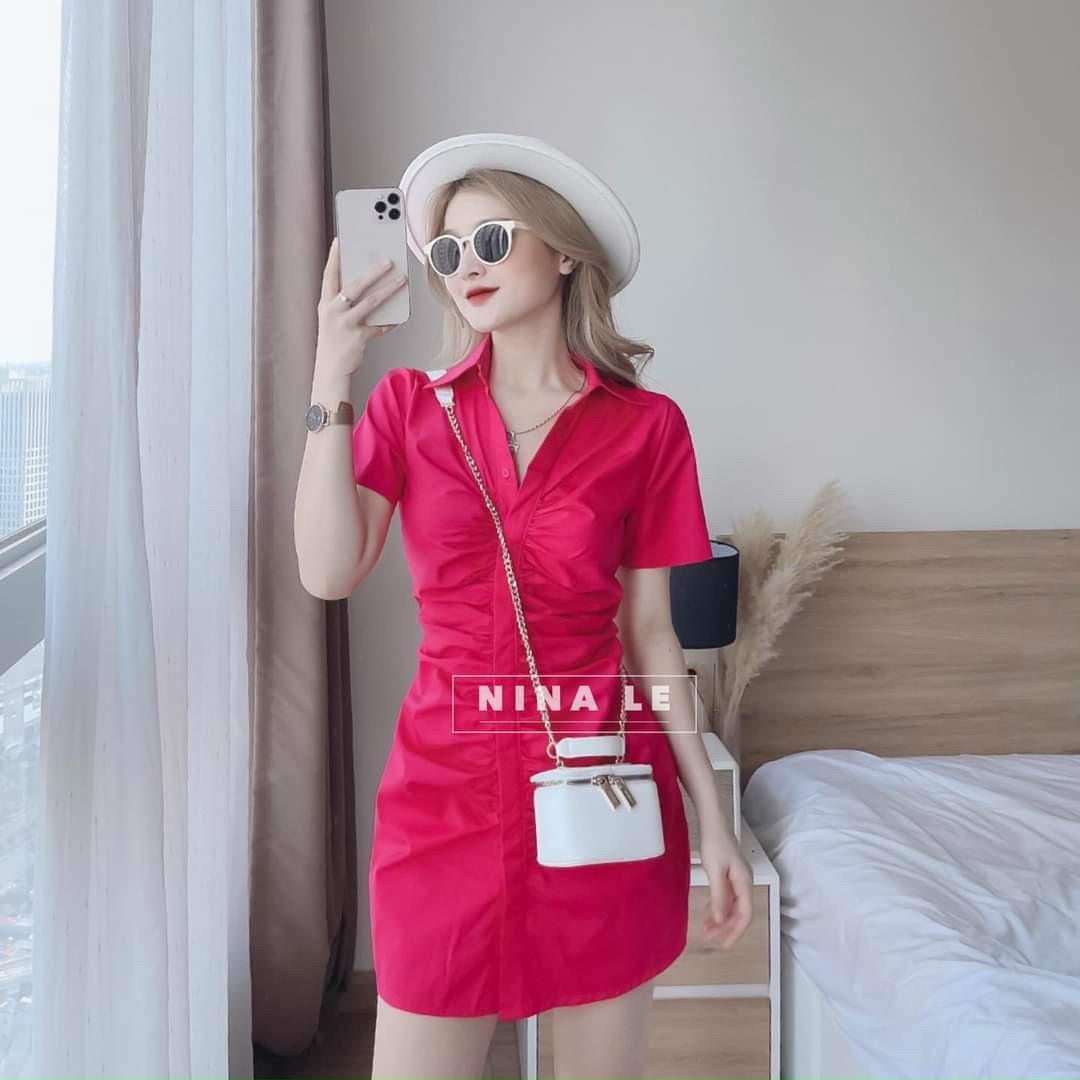 Đầm Body Cổ Sơ Mi Nút Dọc Nhún Xinh Xắn
