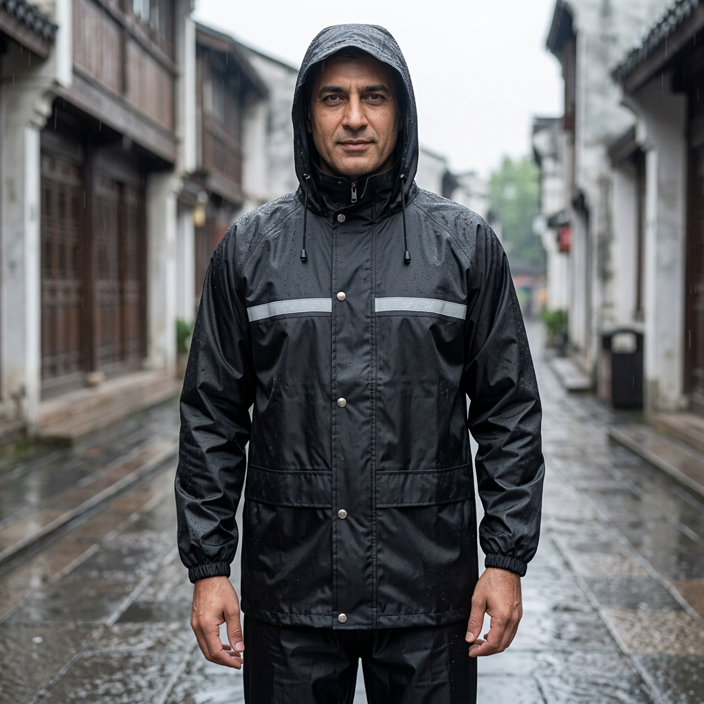 Raincoat For Men Orbit Fabrics Waterproof PVC Sealing Winter Glossy Polyester Hoodie Style Double Breasted Black and Blue