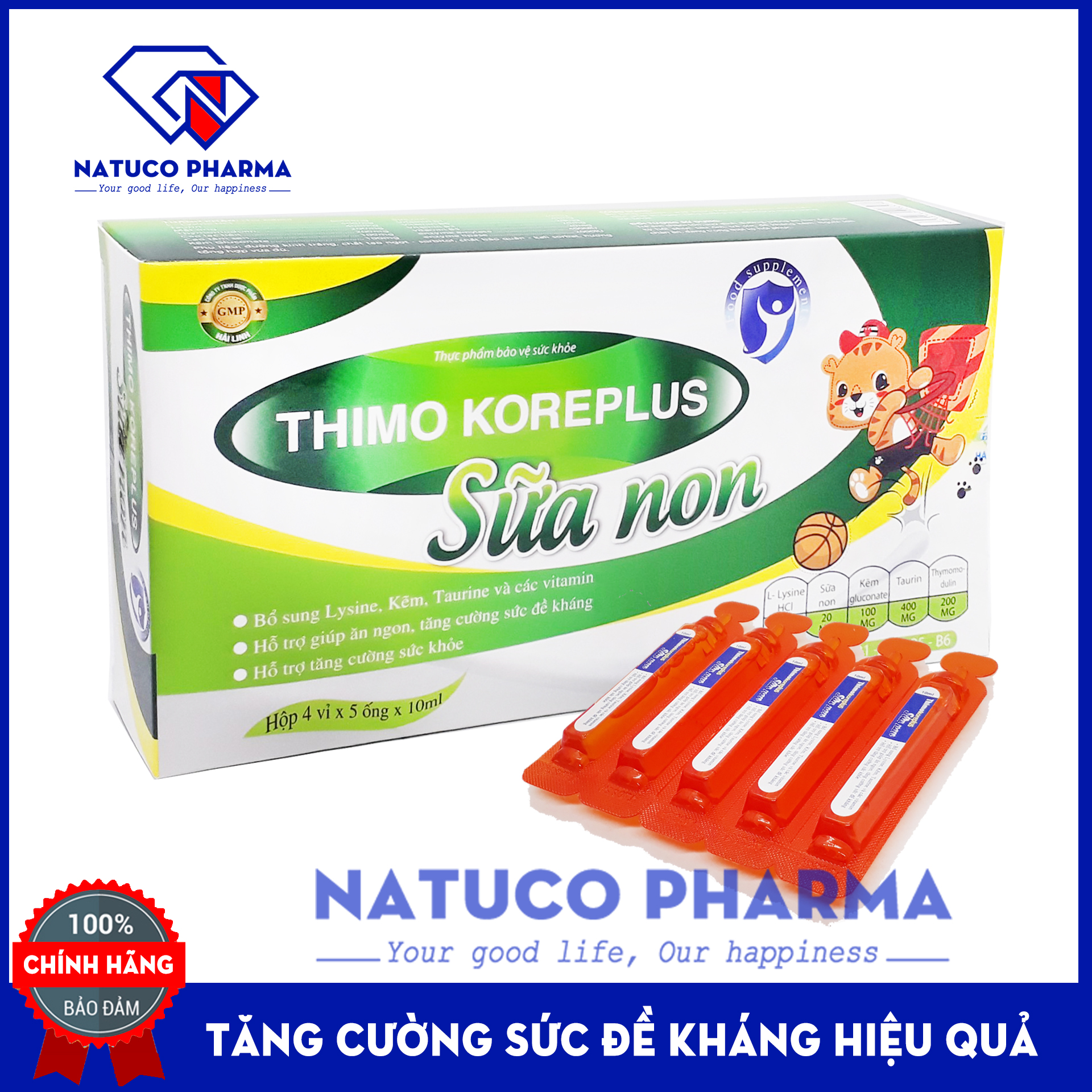 Siro THIMO KORE PLUS Sữa Non - bổ sung kẽm và các vitamin giúp bé ăn ngon, tiêu hóa khỏe, đề kháng tốt - Hộp 20 ống x10ml Hàng chính hãng