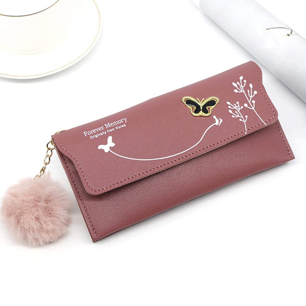 New Fashionable Butterfly Designer Women Girls Ladies Long Wallets Pure Color Wool Ball Bow Clutch Bag Card Bag Money Purse PU Leather Wallets. 