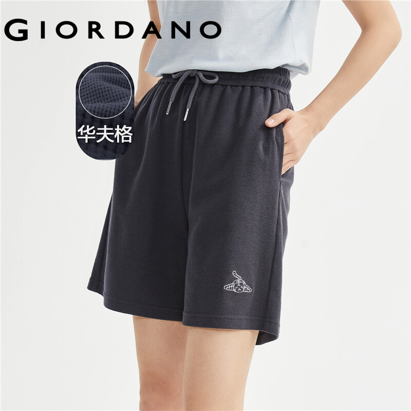 GIORDANO Women Shorts Small Bute Tiger Embroidery Summer Shorts Elastic Waist Relaxed Comfort Casual Waffle Shorts 05403453