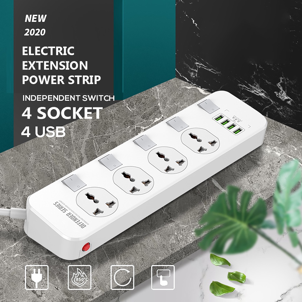 2500w Electric 4 Socket Outlet + 4 USB Extension Power Strip 3.4A 5V US ...