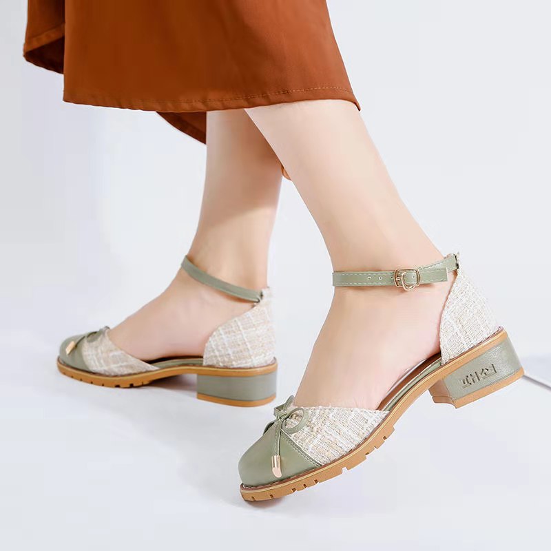 Sandal Nữ Bít Mũi Gót Thấp Đế Cao 3 Phân Đính Nơ