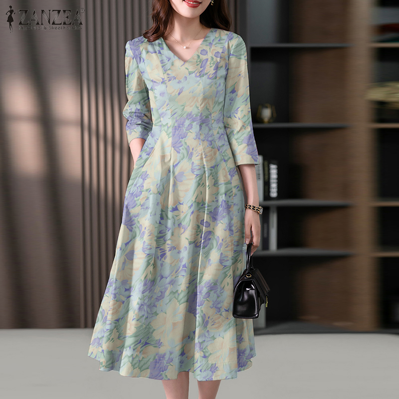 Zanzea Korean Style Womens Floral Printed Midi Dress Elegant Party Back