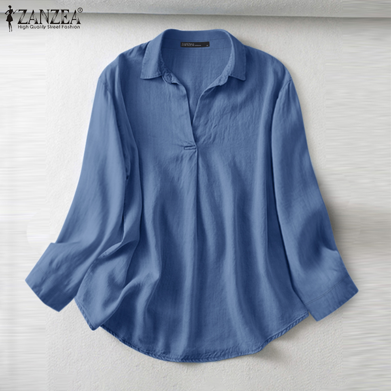 ZANZEA%20Women's%20Shirts%20Vintage%20Casual%20Lapel%20Long%20Sleeve%20Button%20Cuffs%20Solid%20Blouses%20Top%20-%20Image%202