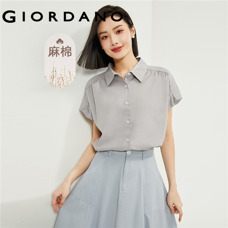 GIORDANO Women Shirts Linen Cotton Lightweight Summer Shirts Pleated Cap Sleeve Button Closure Fashion Casual Shirts 13344205