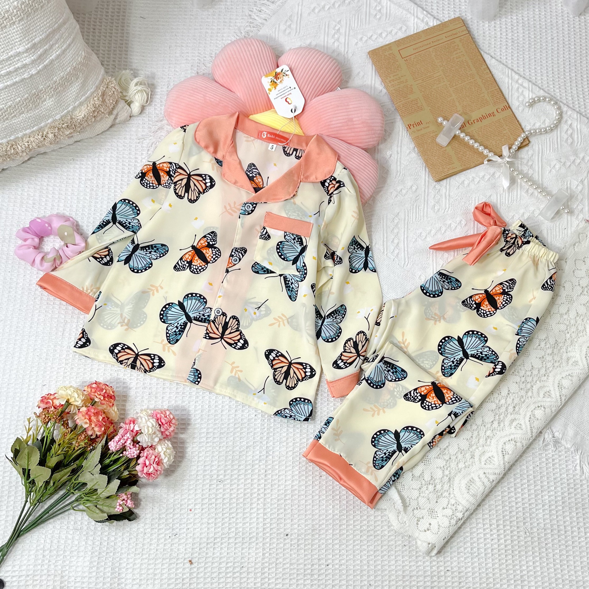 Bộ Ngủ Pijama Lụa Mango  Dài Tay cho bé gái