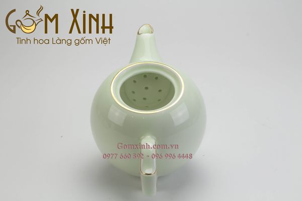 Bộ ấm chén Bát Tràng Chóp lửa men xanh ngọc vàng kim