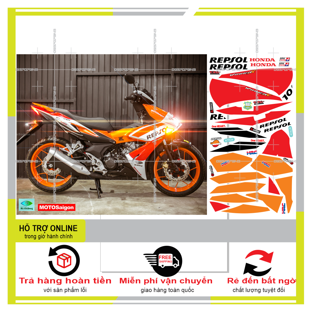 FREESHIP-- TEM RỜI WINNER X REPSOL DÁN XE TRẮNG CAM