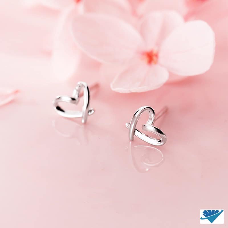 Bông tai nụ bạc Ý mặt tim MS03d