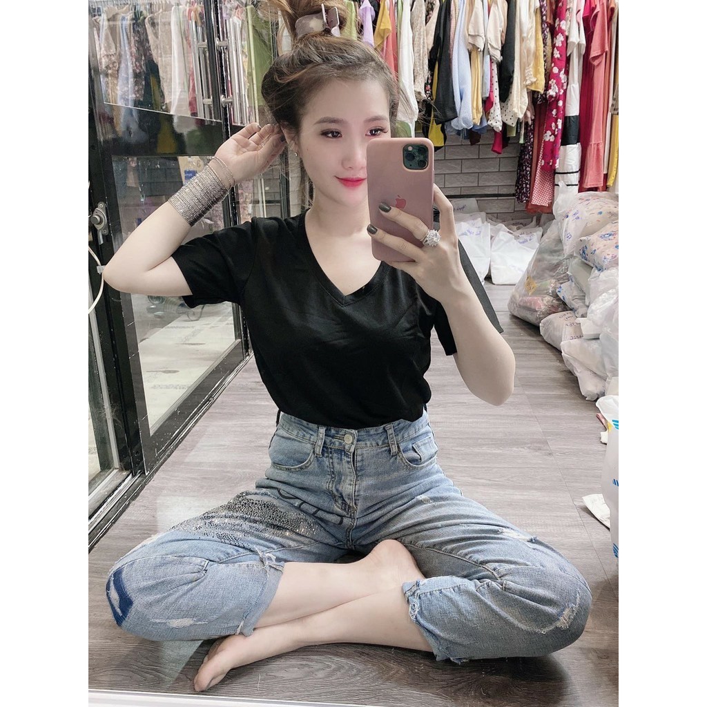 Áo thun trơn cổ tim kiểu dáng trẻ trung chất cotton