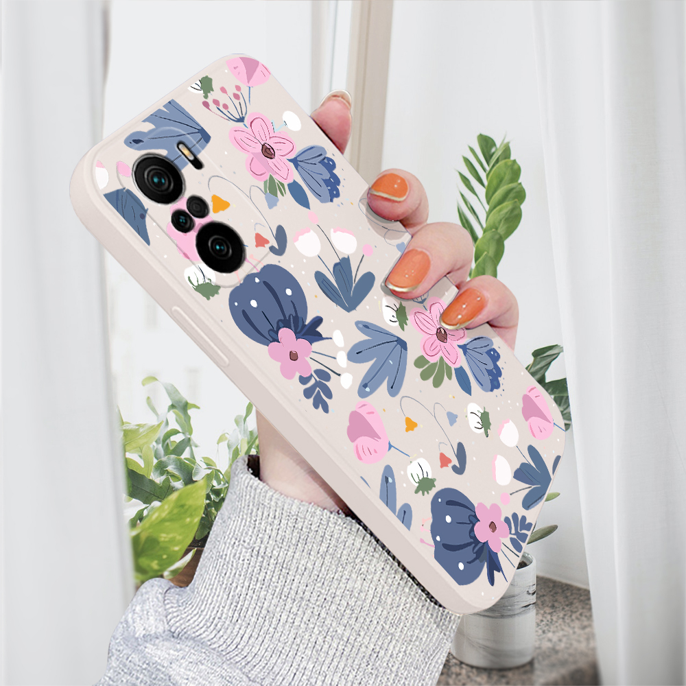 BILI for Redmi K40 Pro Xiaomi Poco F3 Mi 11x Back Cover Pink and Blue Plants for Boys Girls Multicolor Liquid Silicone Soft Square Phone Case. 