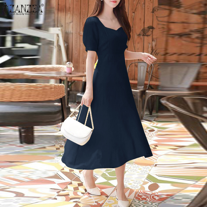 ZANZEA%20Korean%20Style%20Womens%20Puff%20Short%20Sleeve%20Midi%20Dress%20Collect%20Waist%20Elegant%20Party%20Long%20Dresses%20-%20Image%206