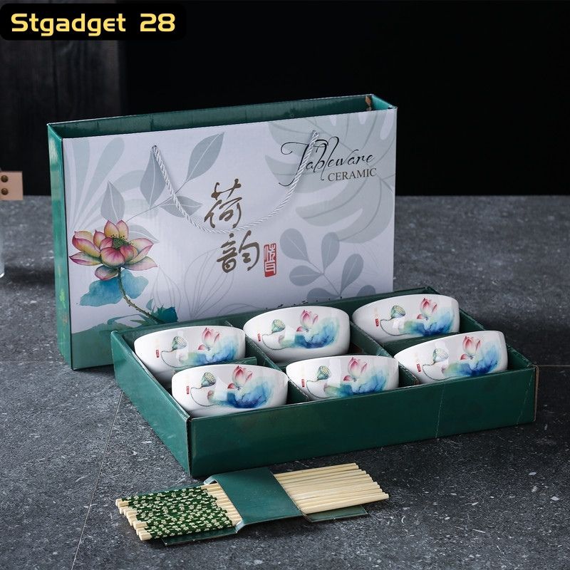 【Ready Stock】 Lotus Style Bowl and chopstick set / ceramic rice bowl