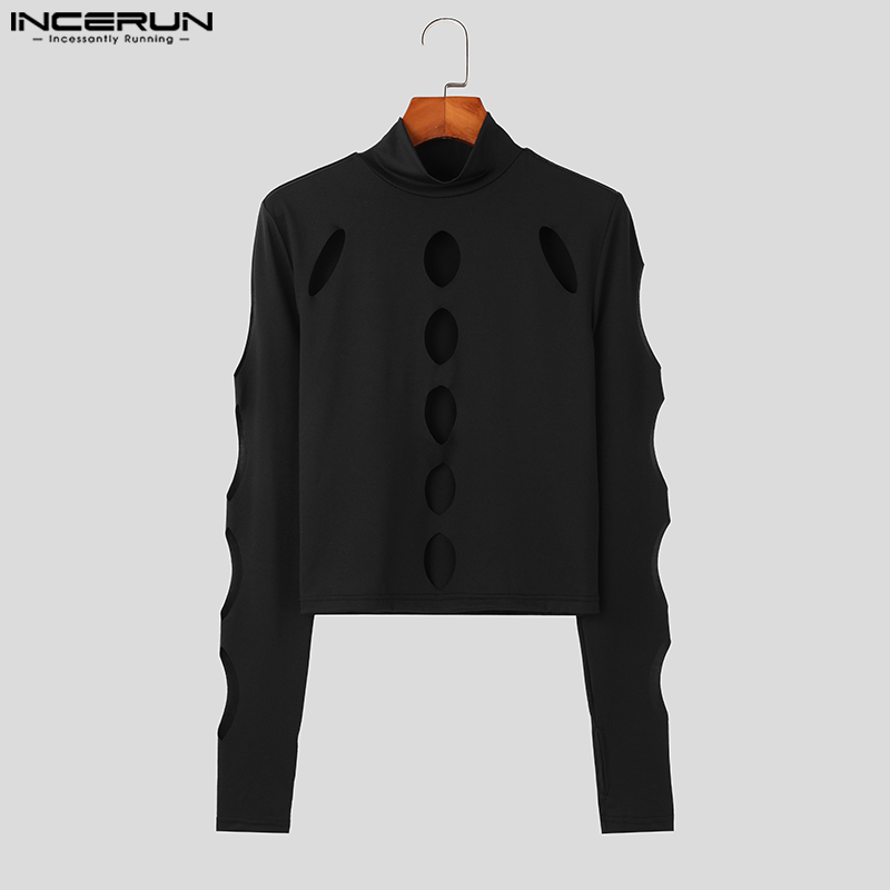 INCERUN Mens Personality Long Sleeve Casual Plain Tops Half Turtleneck Skinny Hollow Out T-Shirts