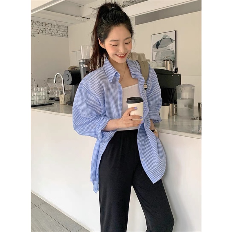 Áo sơ mi nữ kẻ đuôi tôm vải xốp 🦋 áo somi dài tay dáng thụng 2 màu 🦋