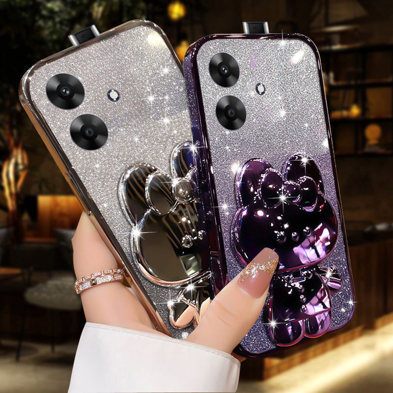 New Phone case Realme Note 60X Back cover Camera Protection Semi Transparent Soft Silicone Rabbit bracket Shockproof Exquisite Glitter Powder For Realme Note 60X case.