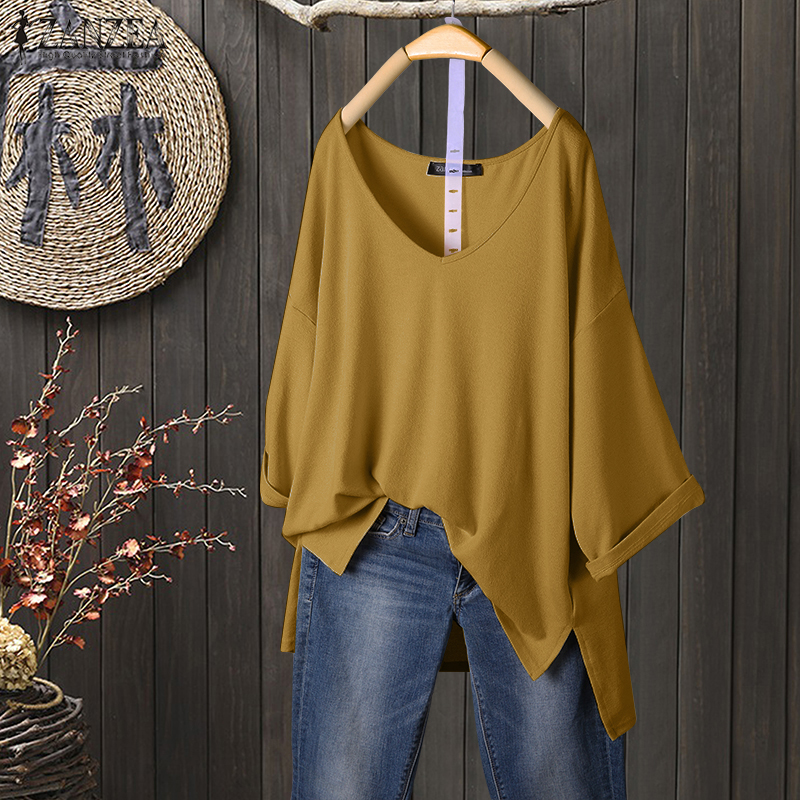 ZANZEA Women High Low Knit Knitwear Shirt Tops Casual Loose Solid Blouse Pullover #5
