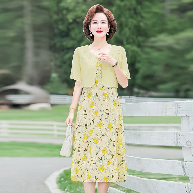 Mother's wear summer dress printing fake two-piece mid-length dress foreign style fashion slimming high-end knee-length skirt