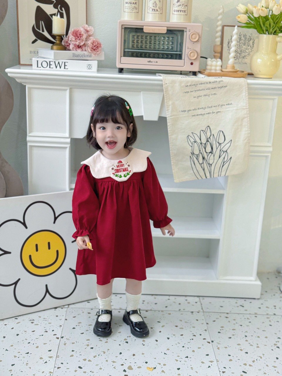 Váy tăm babydoll tay dài cho bé mặc noel