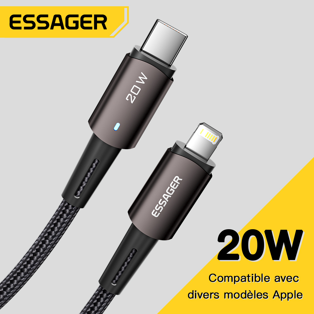 Essager PD type C to Lighting  LED 3A aluminum alloy quick charging cable 20W for iPhone 12 Pro Max 12mini 11 Pro Max x 8 plus MacBook PD charger data cable