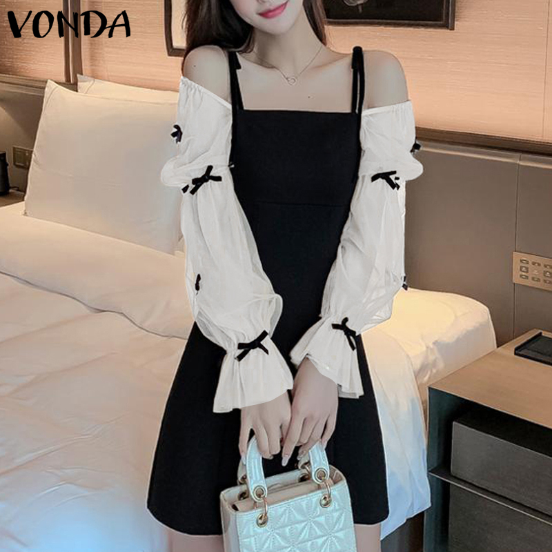 VONDA%20Women's%20Girlish%20Lantern%20Sleeve%20Contrast%20Color%20Dress%20Bowknot%20A-Line%20Versatile%20Daily%20Sundress%20(Korean%20Causal)%20-%20Image%203