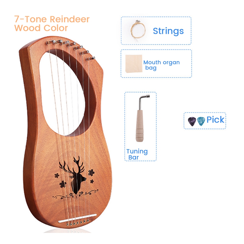 7 String Lyre Harp Wood String Instrument with Carry Bag Extra String Set and Accessaries Style