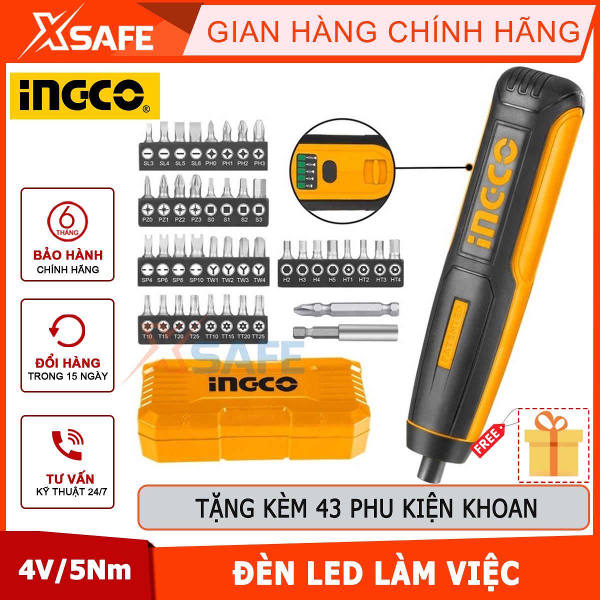 Shooting machine screw use battery ingco CSDLI0403 4V, force strangle 5nm, there are LED lights, induction, included 43 accessories, screwdrivers hand