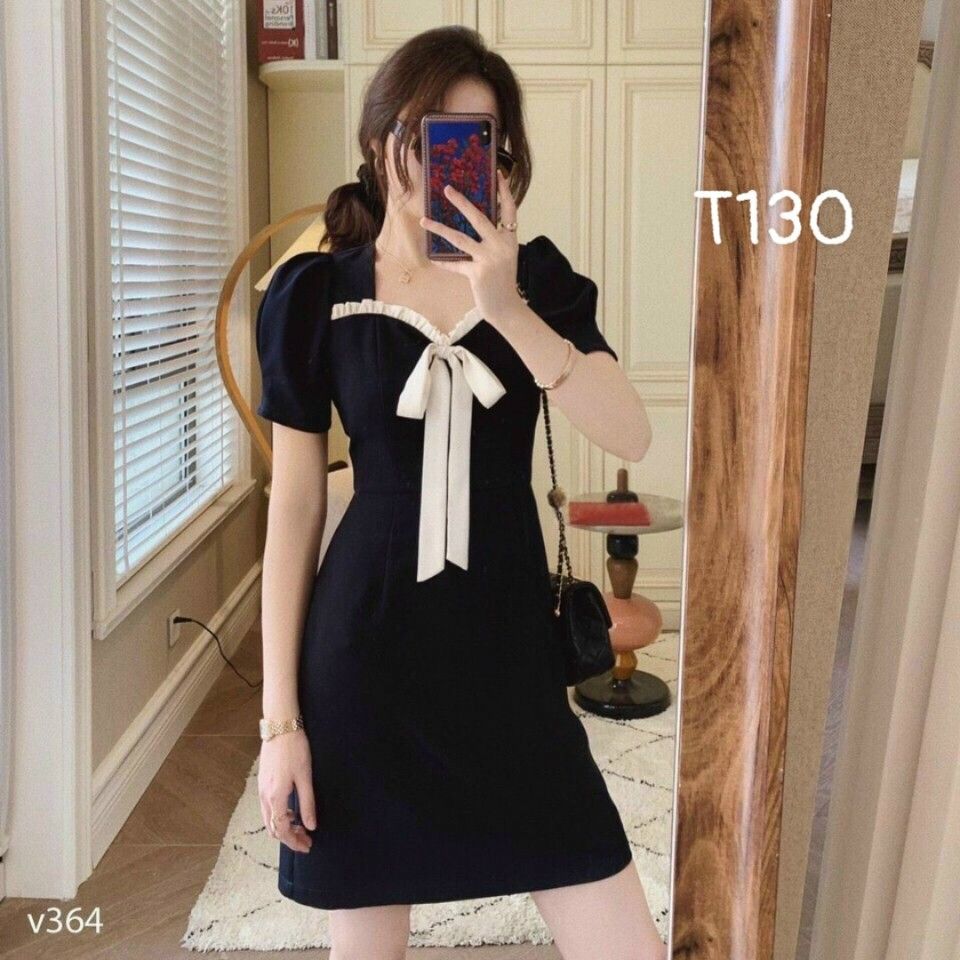 Đầm phối voan kiếng cột nơ dáng xoè lụa kate T130