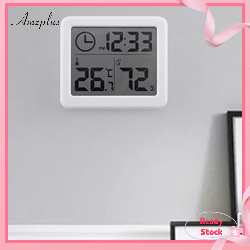 Amzplus Digital Wall Clock With 3.2inch LCD Display Temperature Time Humidity Meter For Indoor Bedroom Baby Room