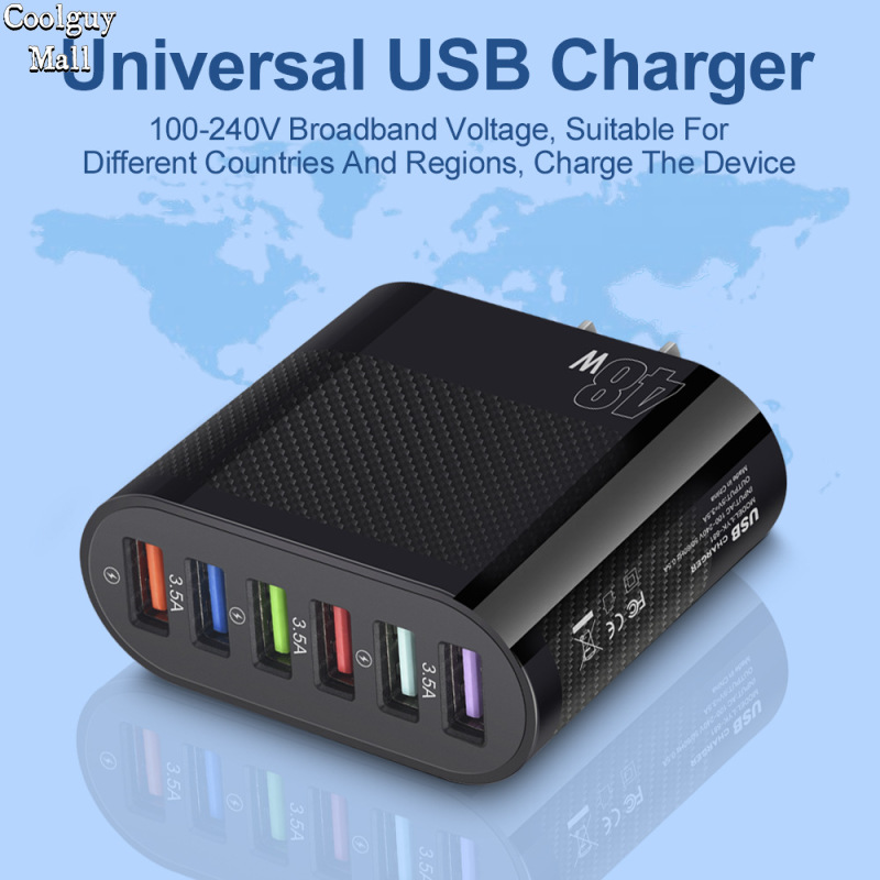 USB Wall Charger 48W 6-Port Fast Charging Block Adapter Plug Compatible For IPhone Android Tablet PC Mobile Phone
