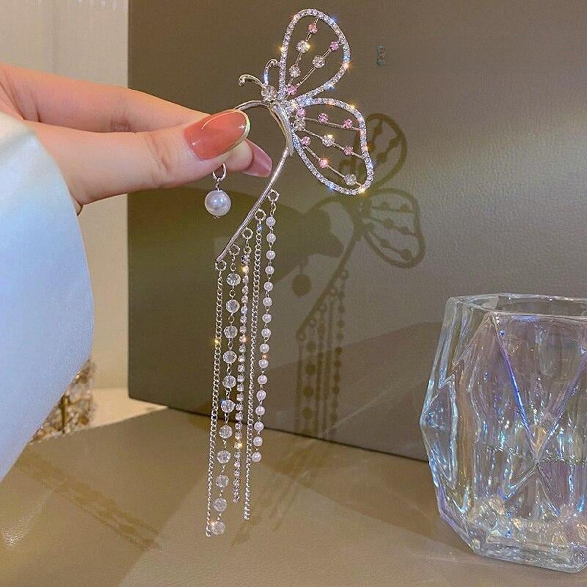 Butterfly Pearl Chain Tassel Stud Earrings For Women