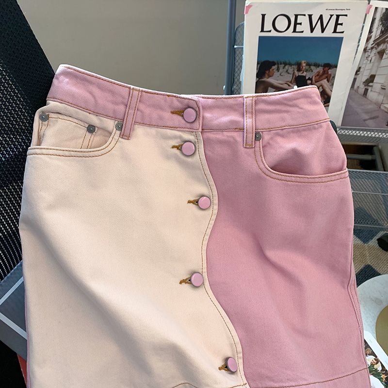 Color Contrast Button Stitching Denim Skirt Female Design Sense Niche High-waisted Slimming Skirts Ladies Denim Skirt