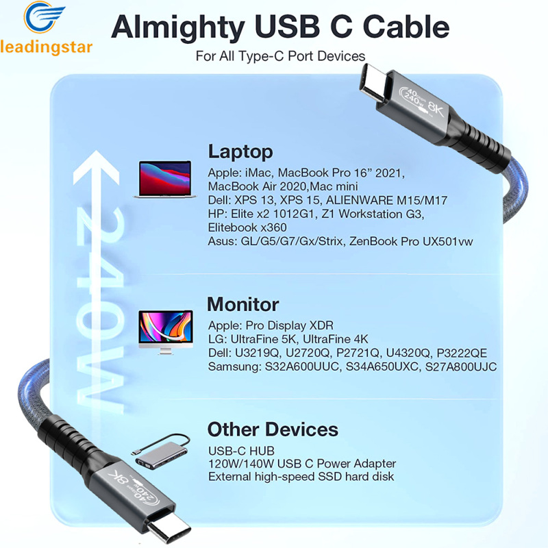 LeadingStar Fast Delivery Usb 4.0 Data Cable Compatible For Thunderbolt 4 Type C Double-headed 8k Cable 40gbps Pd 240w Fast Charging Cable