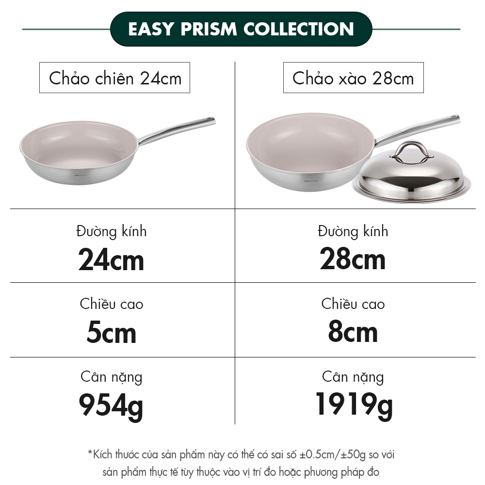 Combo 2 chảo inox Edelkochen Easy Prism - Màu Earl Gray (Chảo chiên 24cm/ Chảo xào 28cm)