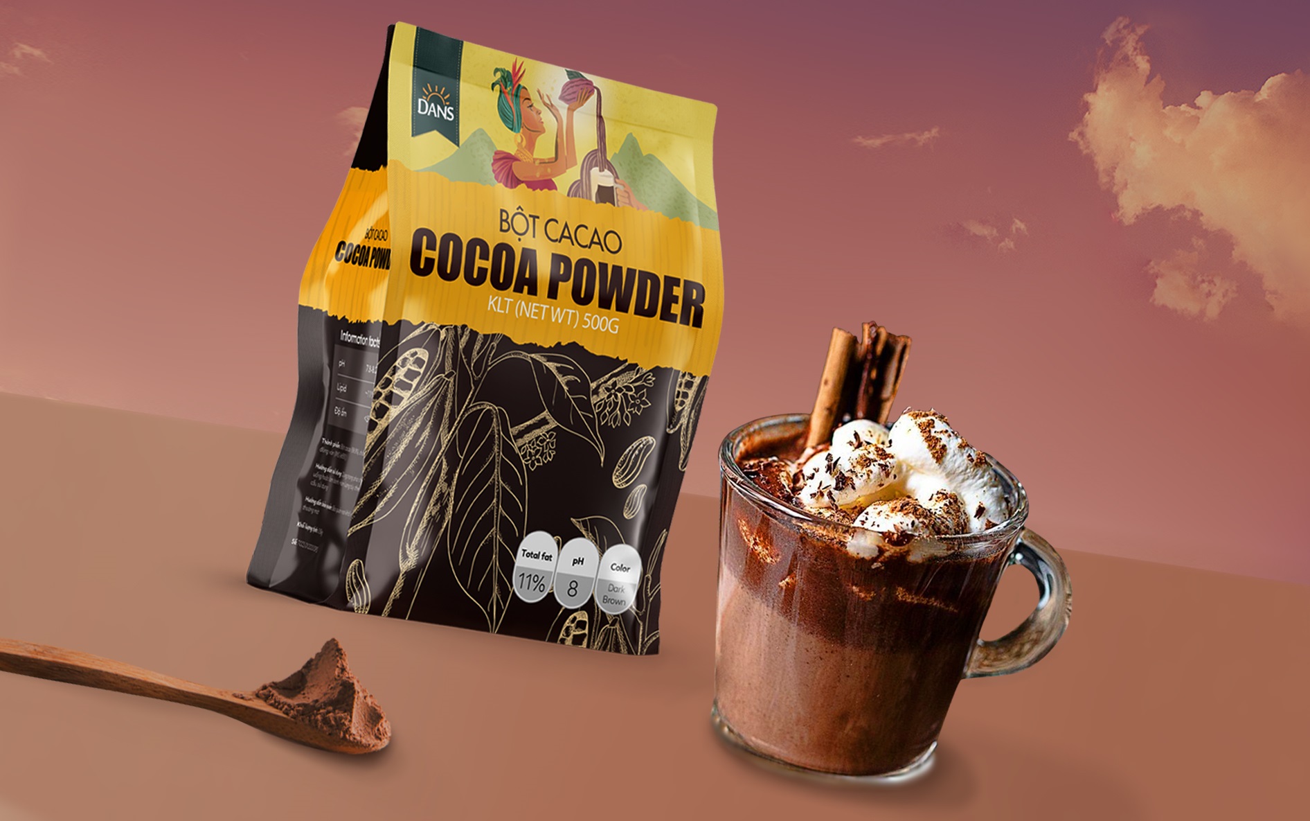 Bột cacao nguyên chất Dans gói 500g